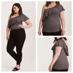 🆕 NWT Grey Ribbed Ruffled One Shoulder Top, Sz 2